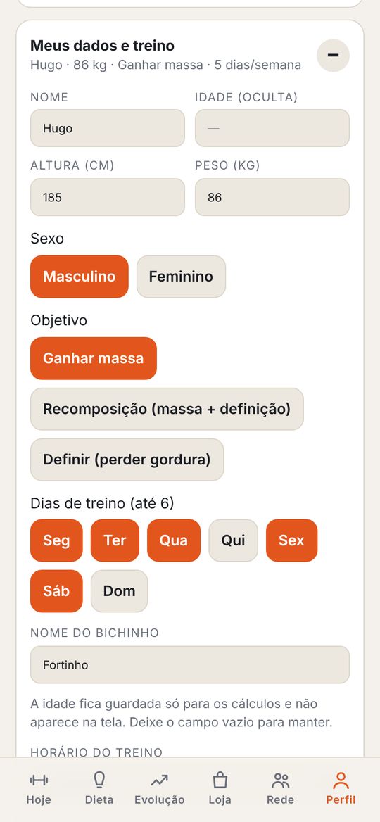 Screen with the user's data: name, height, weight, goal and training days