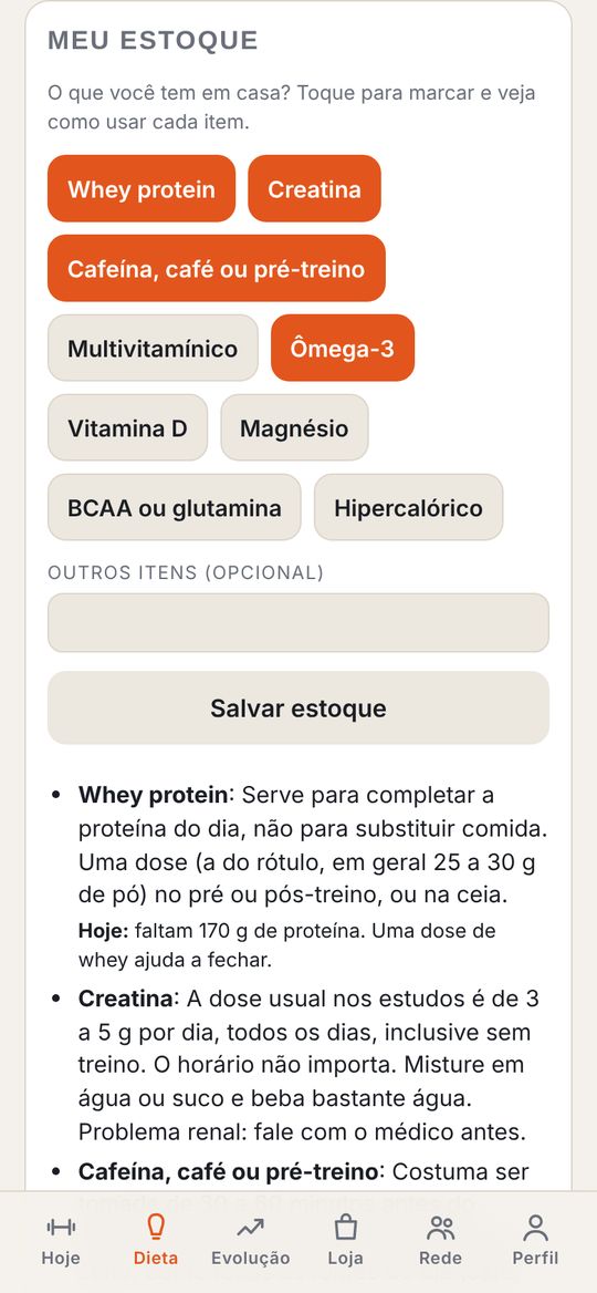 Diet screen with the list of supplements the person has at home