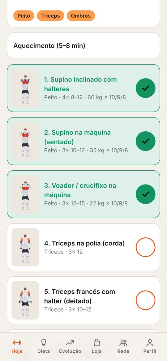 Today's exercises screen with each exercise marked as done