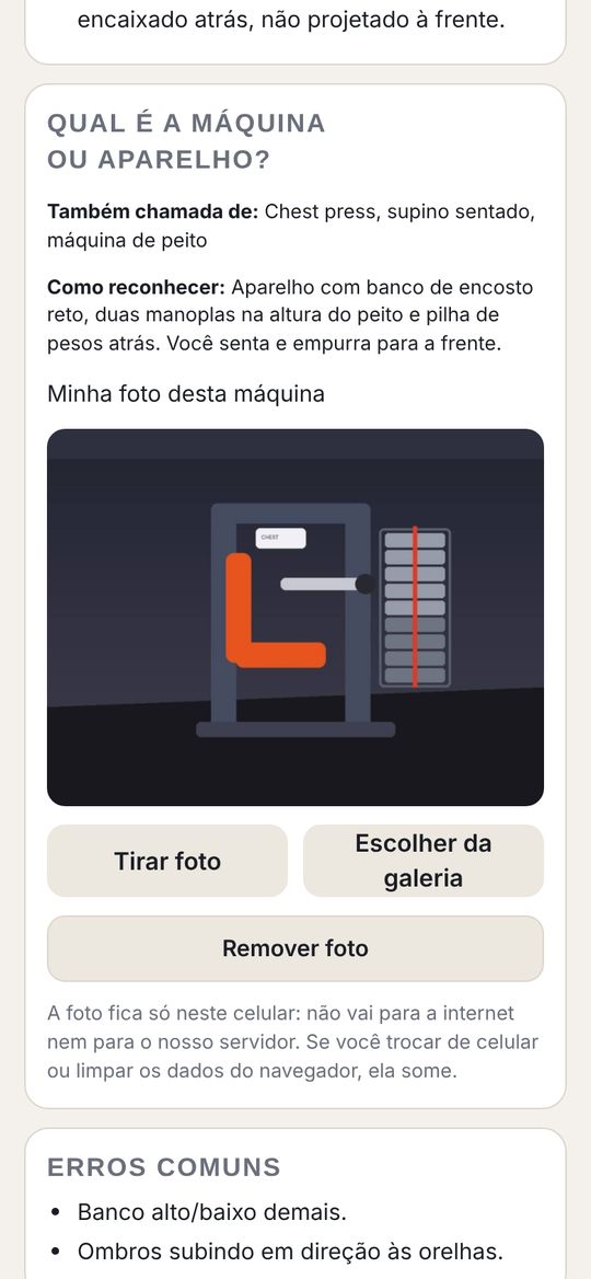 Exercise screen with the machine name, how to recognize it and the photo of the gym machine